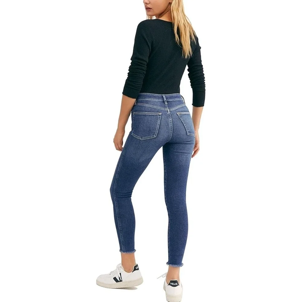Free‎ People High Waist Raw Hem Ankle Denim Leggings Capri Blue 24